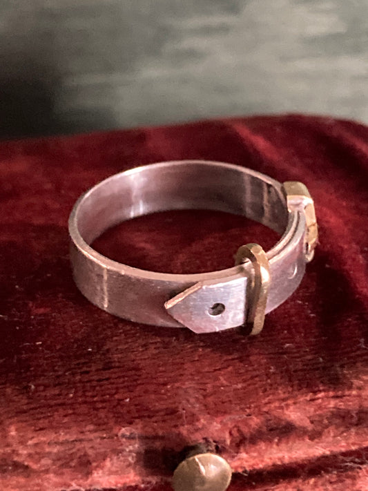 Modernist Buckle ring sterling silver and 18kt yellow gold vintage kinetic hand fabricated