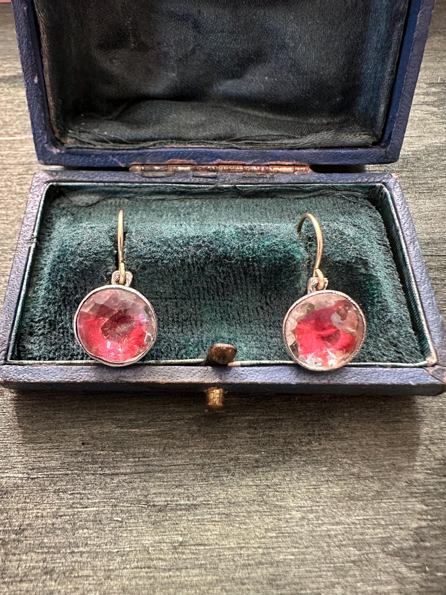 Rare Pink foiled Georgian paste earrings red colour foil close back Antique  18k yellow gold french wire silver dangle cufflinks conversion