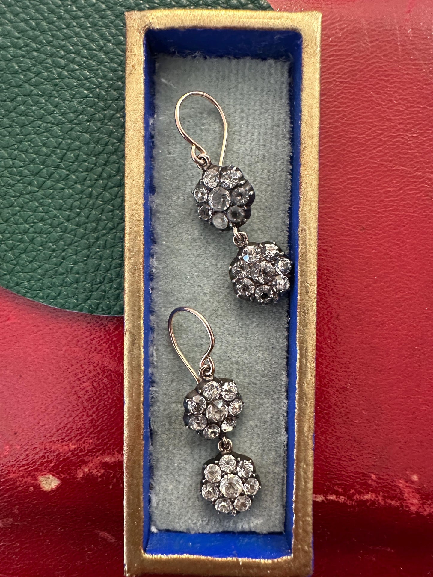 Double Daisies Antique Georgian paste earrings foiled closed back black dot 9k gold silver 14k French wire dangle silver boucle d'oreille