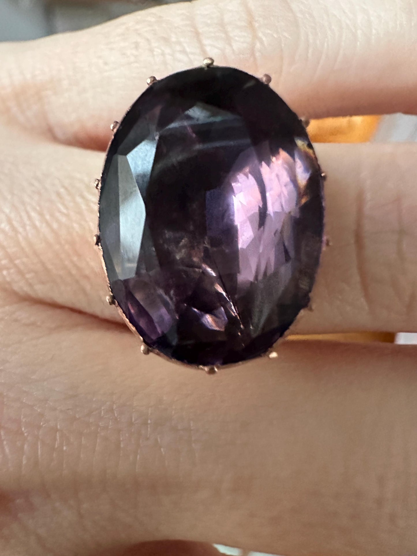 Large Amethyst Paste Ring Antique Georgian foiled back brass crimped setting 12k solid rosy gold band bague glass purple US 6.5 M