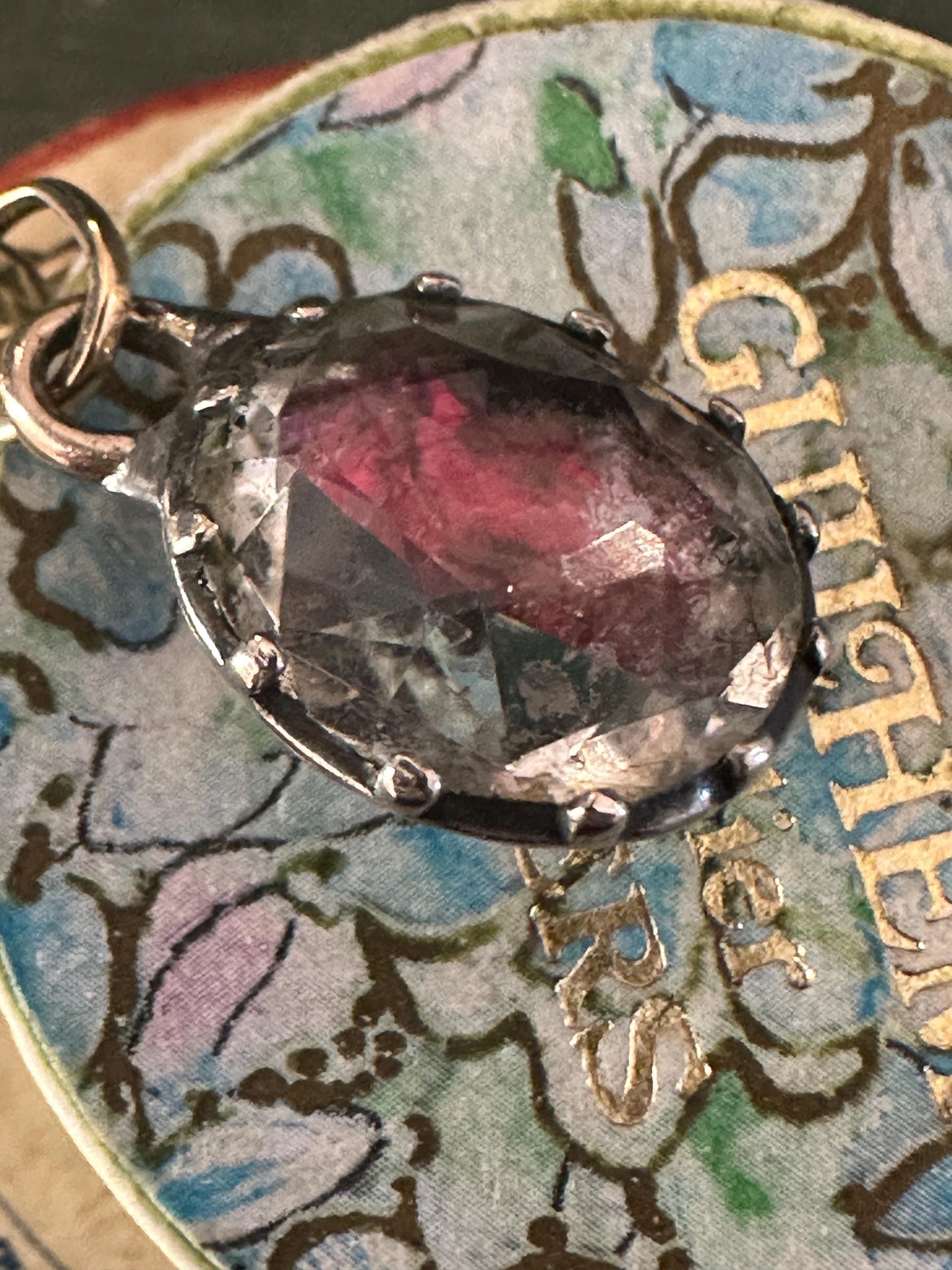 Pink red foiled Rock Crystal Antique Georgian pendant cuff link button engraved silver and 22k yellow gold rare