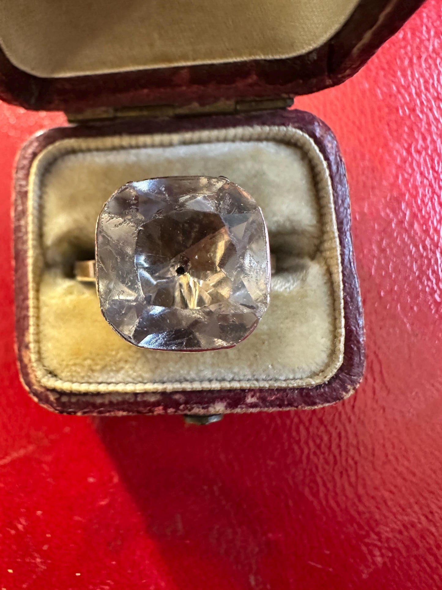 Large Antique cushion Georgian foiled Paste ring black dot crimped cut down closed back silver 15k rosy gold band solitaire button rare