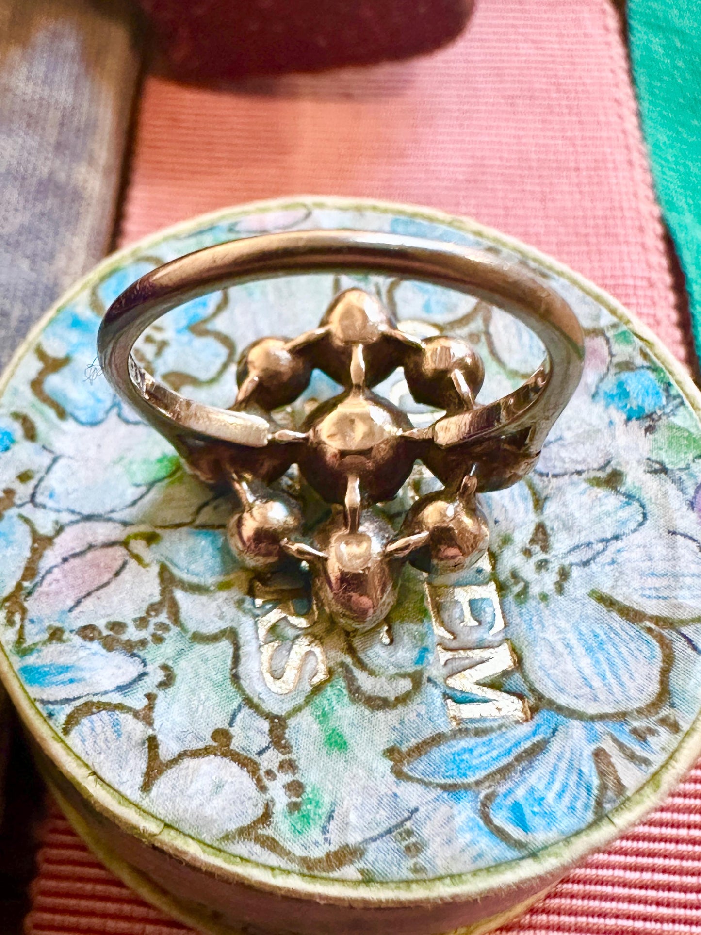 Scarce Georgian Antique Ring foiled diamond paste Jargoon crafted in silver and 12k rosy gold late 1700’s rosette white gold band Swedish
