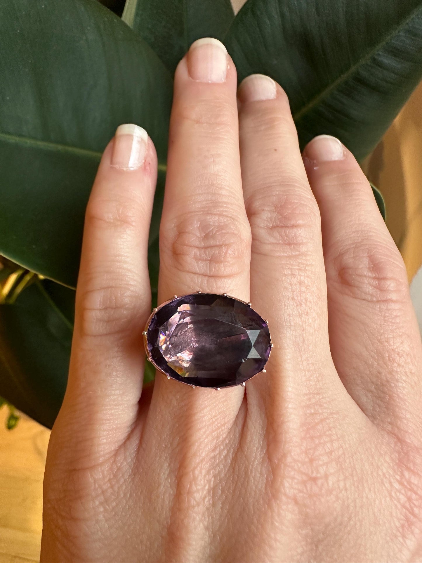 Large Amethyst Paste Ring Antique Georgian foiled back brass crimped setting 12k solid rosy gold band bague glass purple US 6.5 M