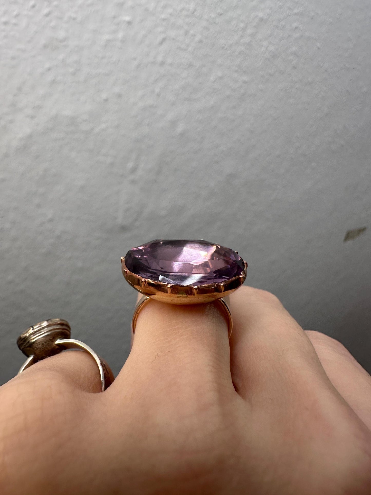 Large Amethyst Paste Ring Antique Georgian foiled back brass crimped setting 12k solid rosy gold band bague glass purple US 6.5 M