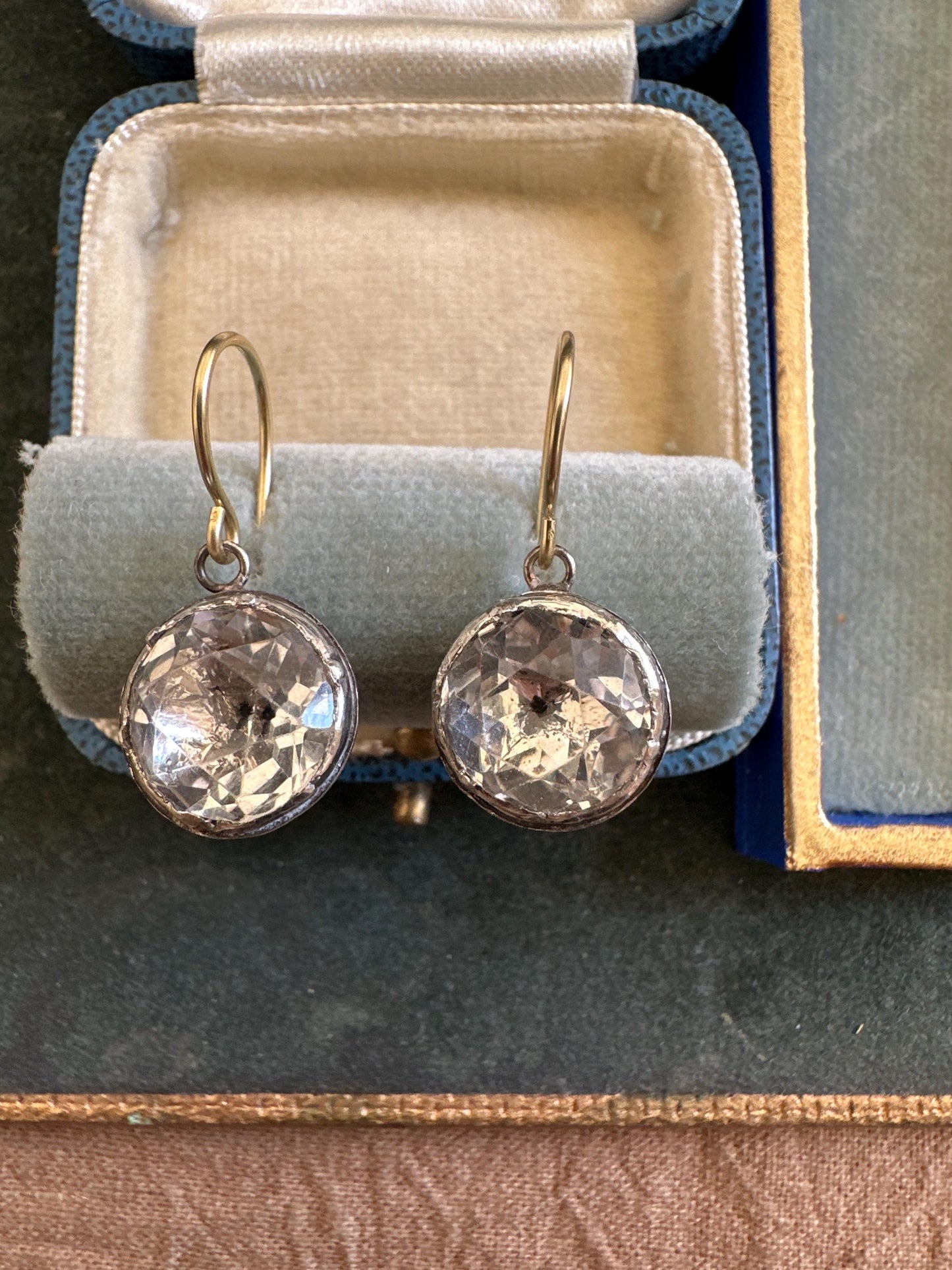 Large Antique Rock Crystal Georgian earrings black dot and foiled closed back crafted in silver and 18k French wire cufflinks buttons rare