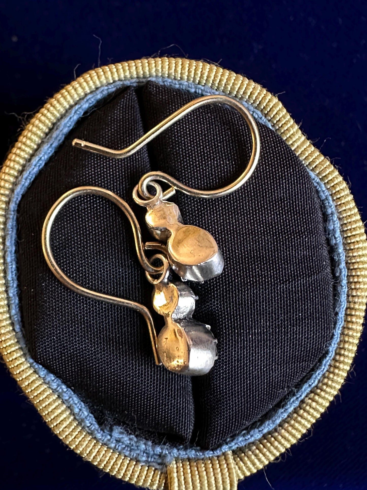 Dainty Georgian foiled Diamond Paste earrings in silver with 18k gold French wires closed back black dot cut glass antique sur paillon