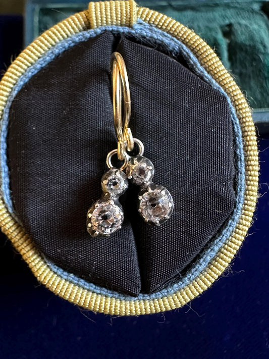 Dainty Georgian foiled Diamond Paste earrings in silver with 18k gold French wires closed back black dot cut glass antique sur paillon