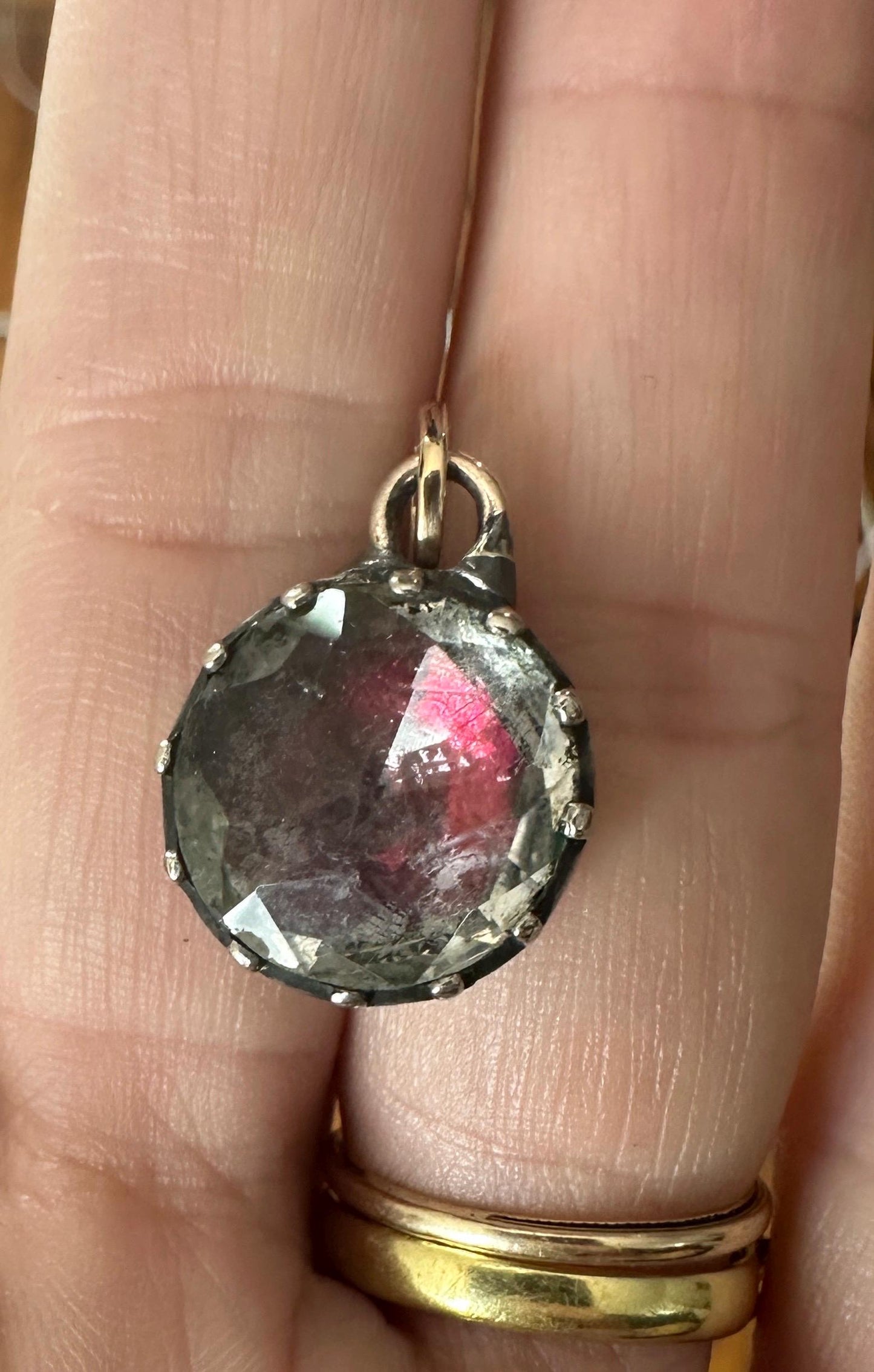 Pink red foiled Rock Crystal Antique Georgian pendant cuff link button engraved silver and 22k yellow gold rare