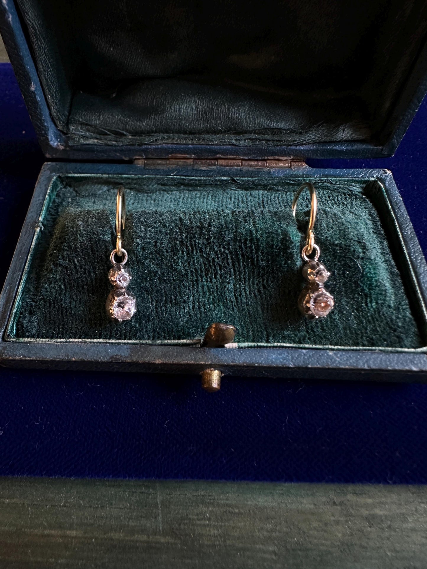 Dainty Georgian foiled Diamond Paste earrings in silver with 18k gold French wires closed back black dot cut glass antique sur paillon