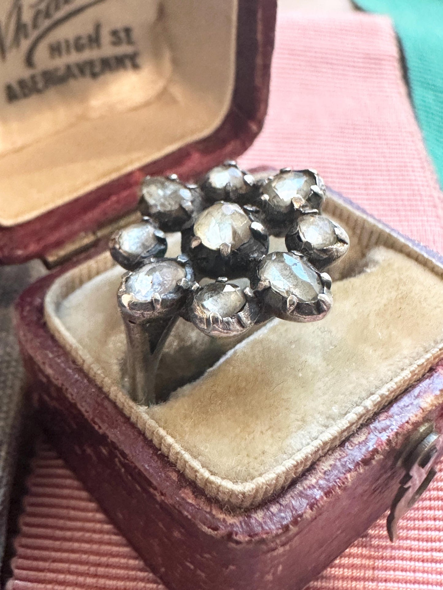 Scarce Georgian Antique Ring foiled diamond paste Jargoon crafted in silver and 12k rosy gold late 1700’s rosette white gold band Swedish