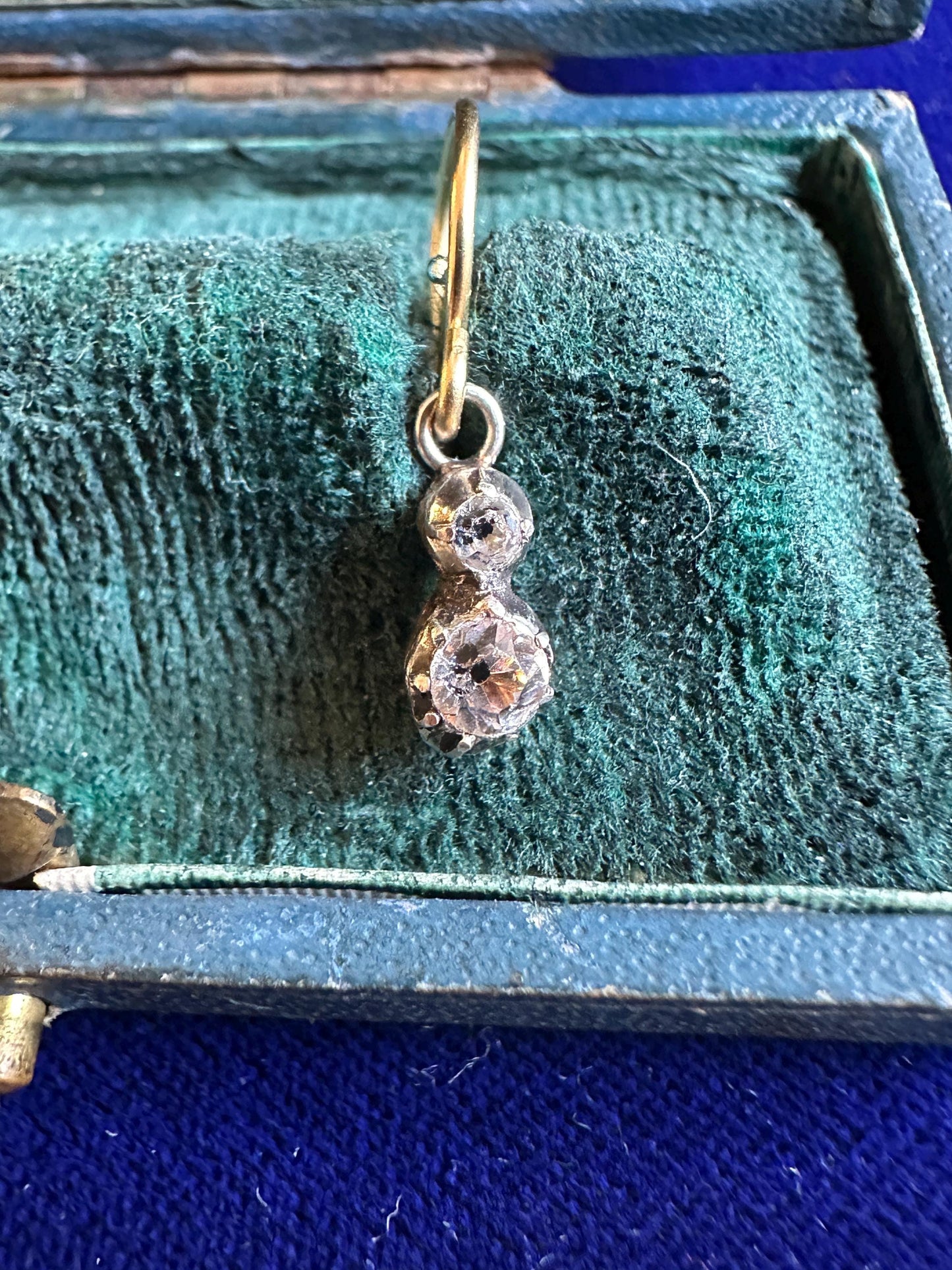 Dainty Georgian foiled Diamond Paste earrings in silver with 18k gold French wires closed back black dot cut glass antique sur paillon