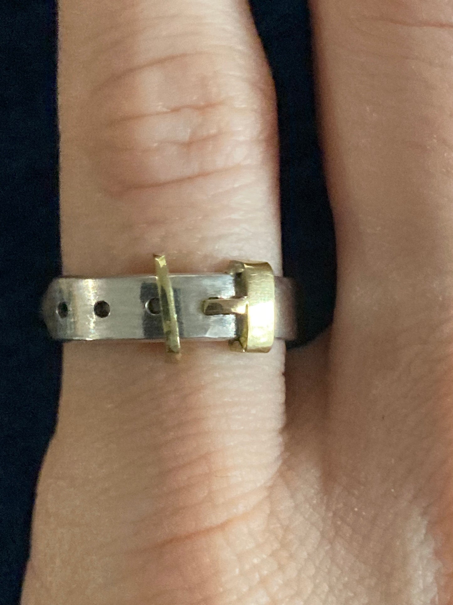 Modernist Buckle ring sterling silver and 18kt yellow gold vintage kinetic hand fabricated