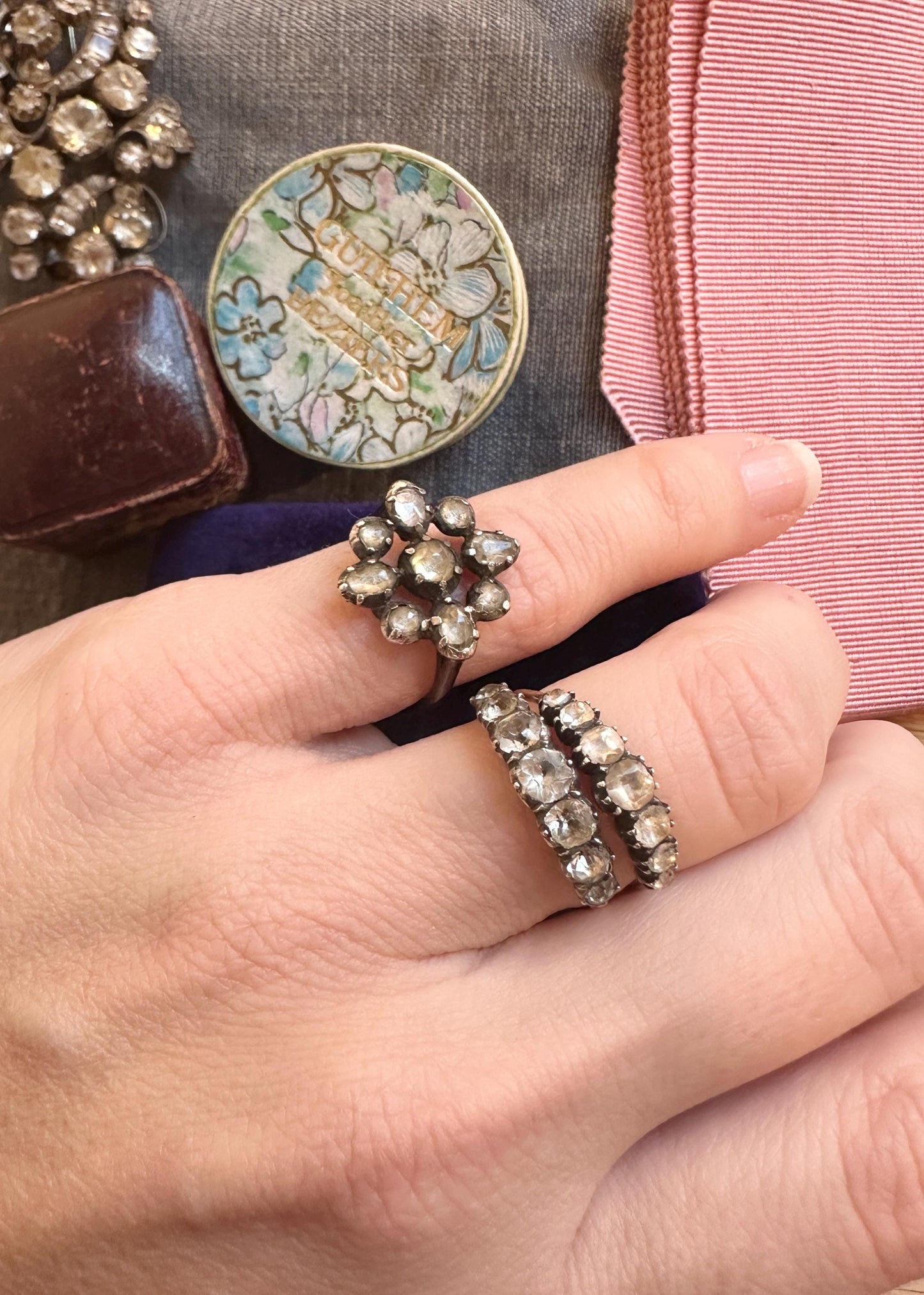 Scarce Georgian Antique Ring foiled diamond paste Jargoon crafted in silver and 12k rosy gold late 1700’s rosette white gold band Swedish