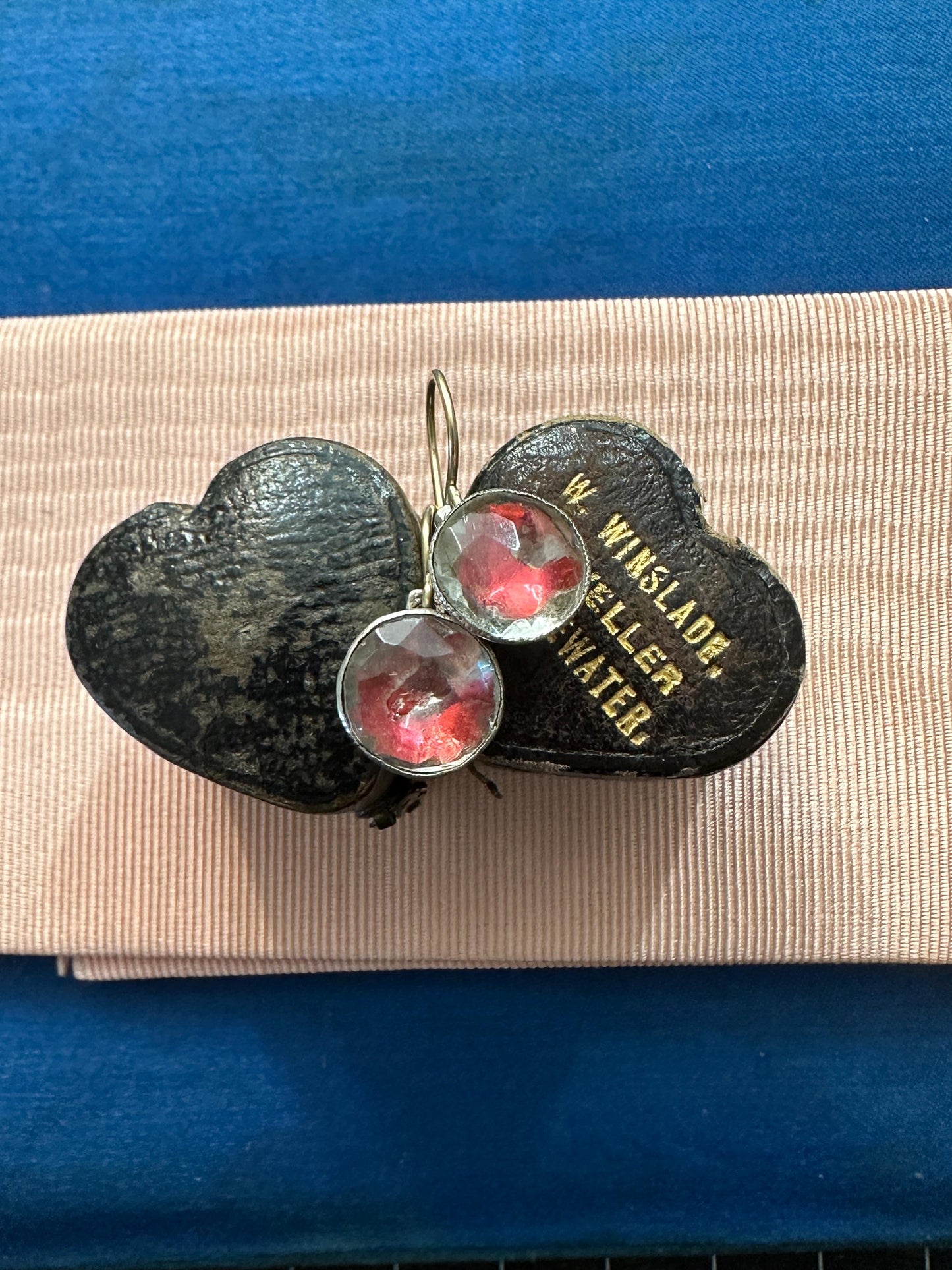 Rare Pink foiled Georgian paste earrings red colour foil close back Antique  18k yellow gold french wire silver dangle cufflinks conversion
