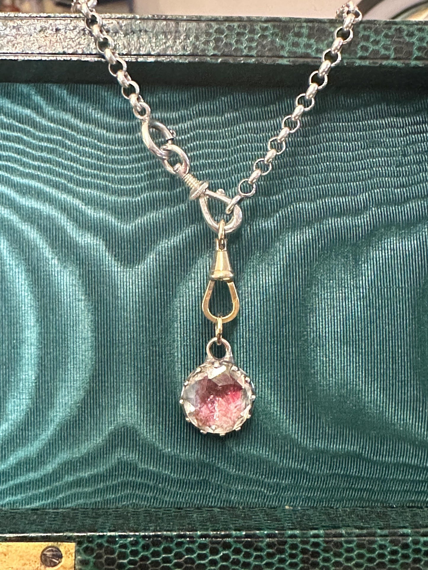 Pink red foiled Rock Crystal Antique Georgian pendant cuff link button engraved silver and 22k yellow gold rare