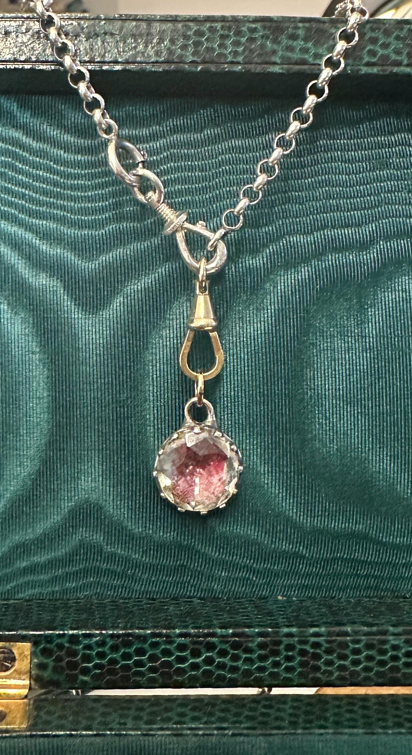 Pink red foiled Rock Crystal Antique Georgian pendant cuff link button engraved silver and 22k yellow gold rare