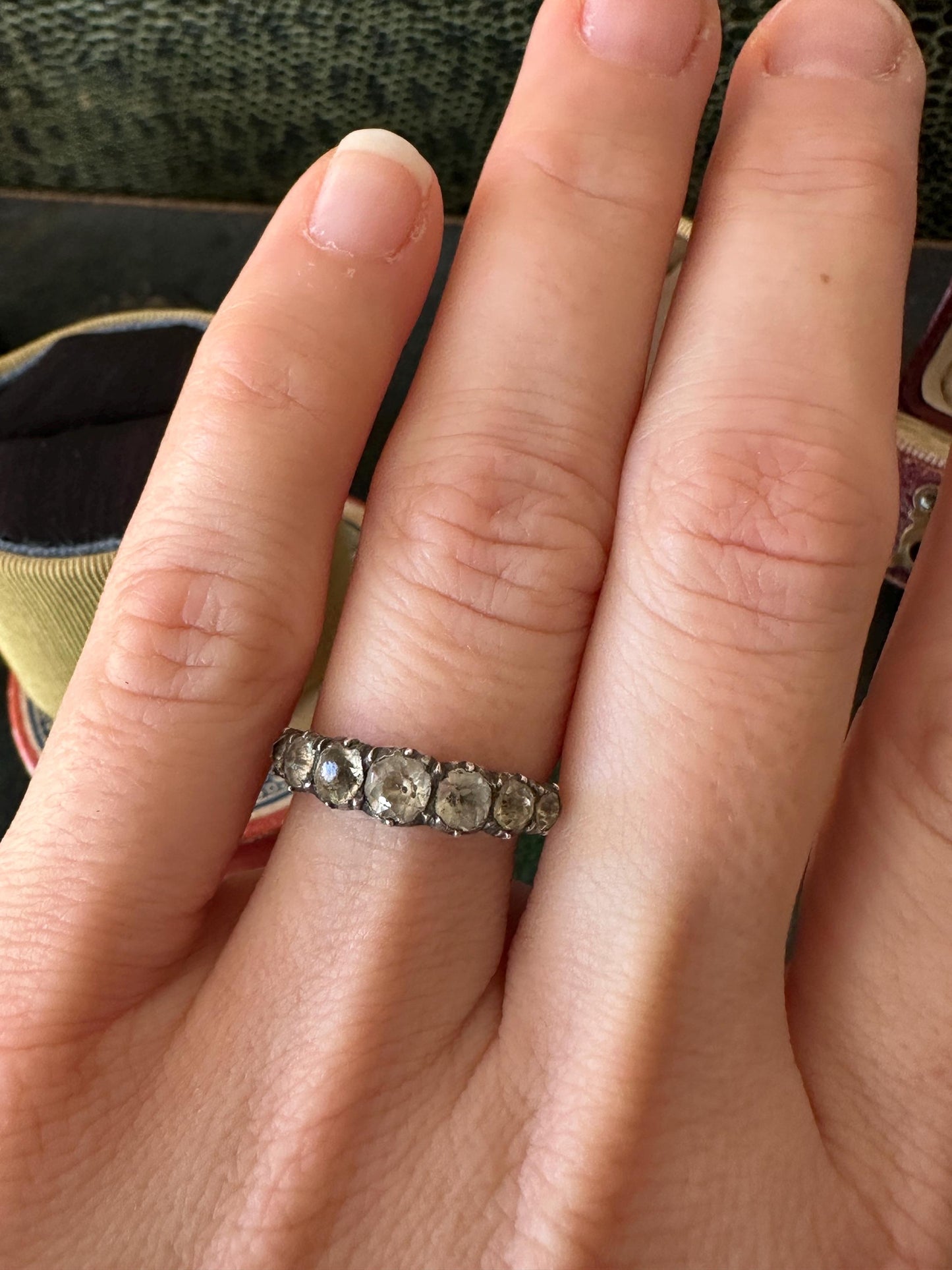 Rare Half Eternity Jarretière Georgian paste ring black dot foiled-back 18k rosy gold band French Diamond pastes size US 8.5 UK Q FR 57/58