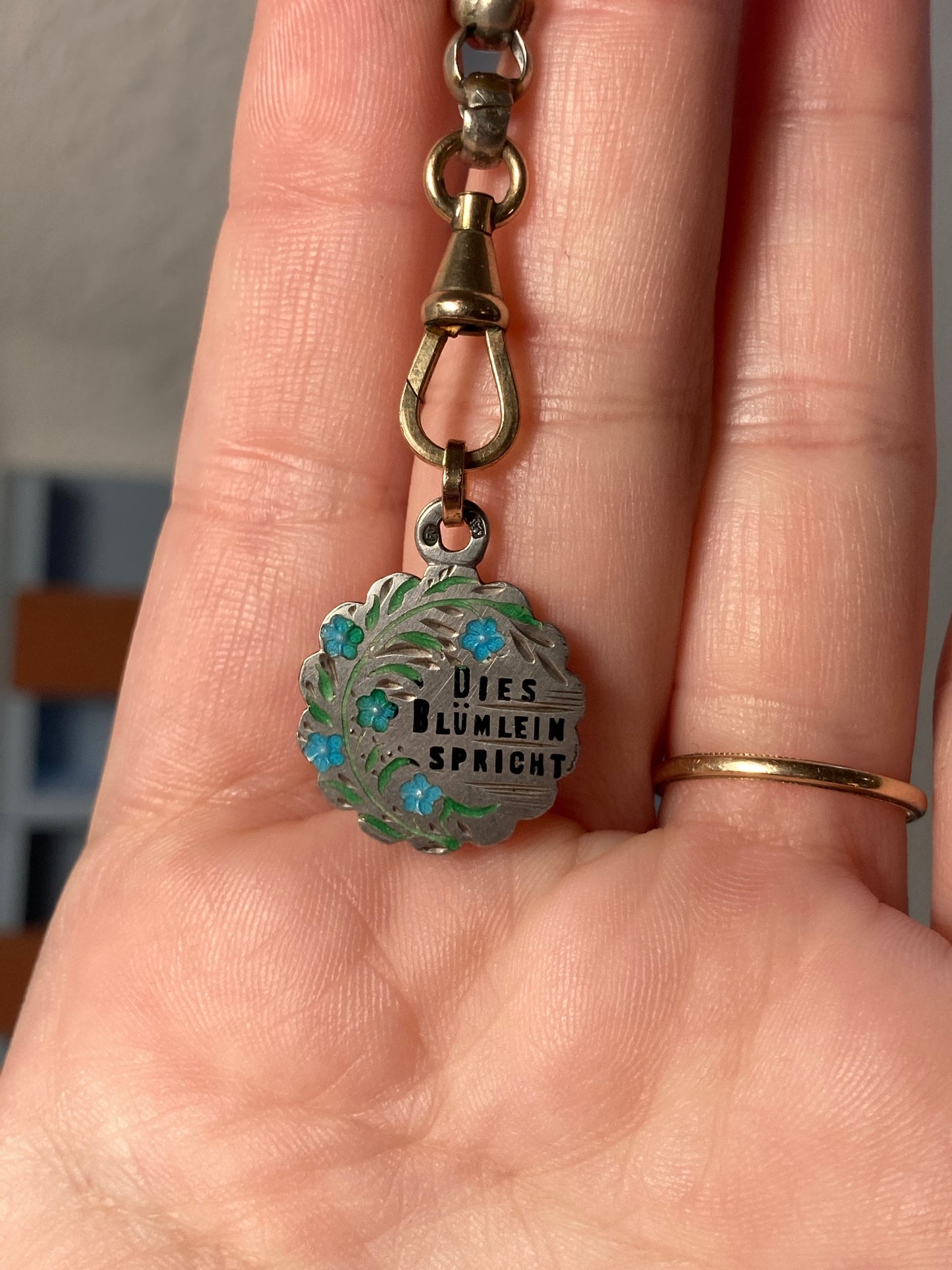 Antique enamel Memento Souvenir pendant forget me not German Austrian silver 22kt gold these flowers speak