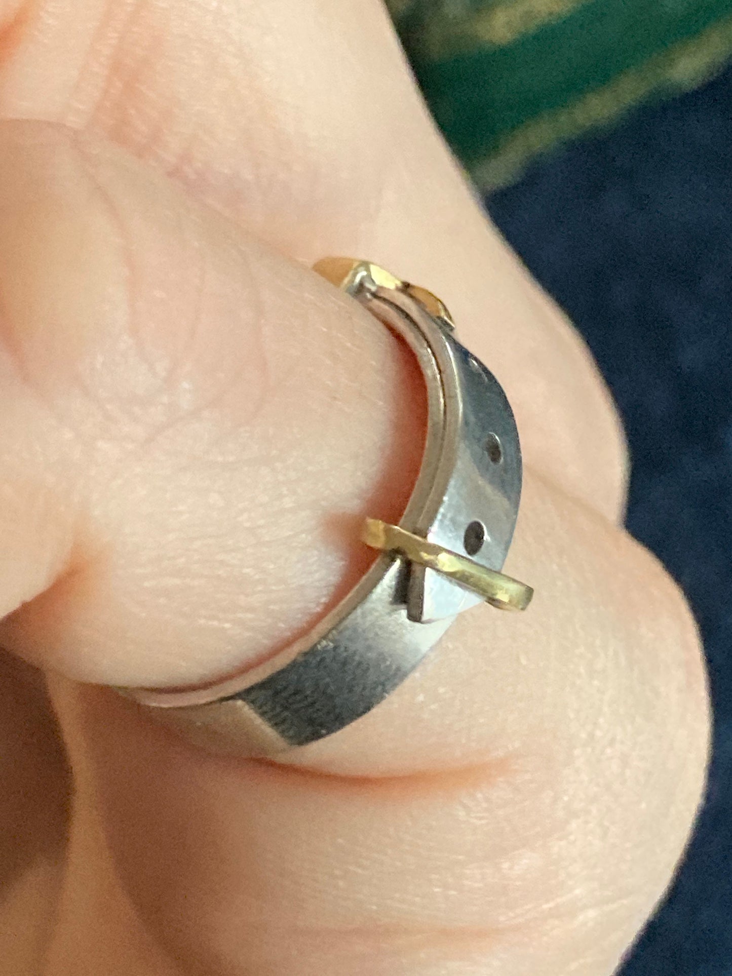 Modernist Buckle ring sterling silver and 18kt yellow gold vintage kinetic hand fabricated