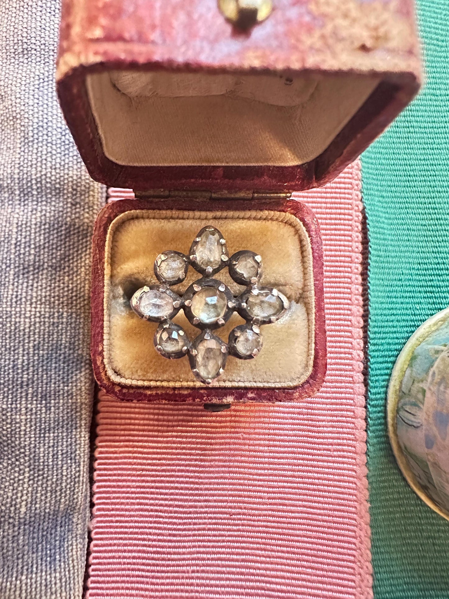 Scarce Georgian Antique Ring foiled diamond paste Jargoon crafted in silver and 12k rosy gold late 1700’s rosette white gold band Swedish