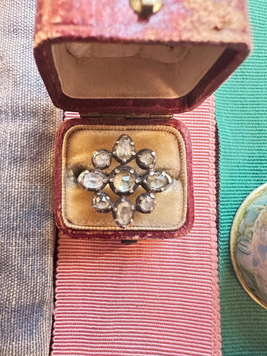 Scarce Georgian Antique Ring foiled diamond paste Jargoon crafted in silver and 12k rosy gold late 1700’s rosette white gold band Swedish