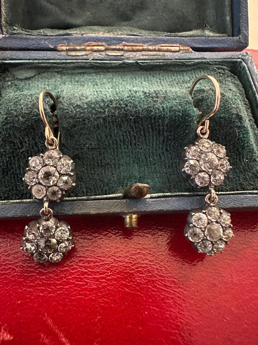 Double Daisies Antique Georgian paste earrings foiled closed back black dot 9k gold silver 14k French wire dangle silver boucle d'oreille