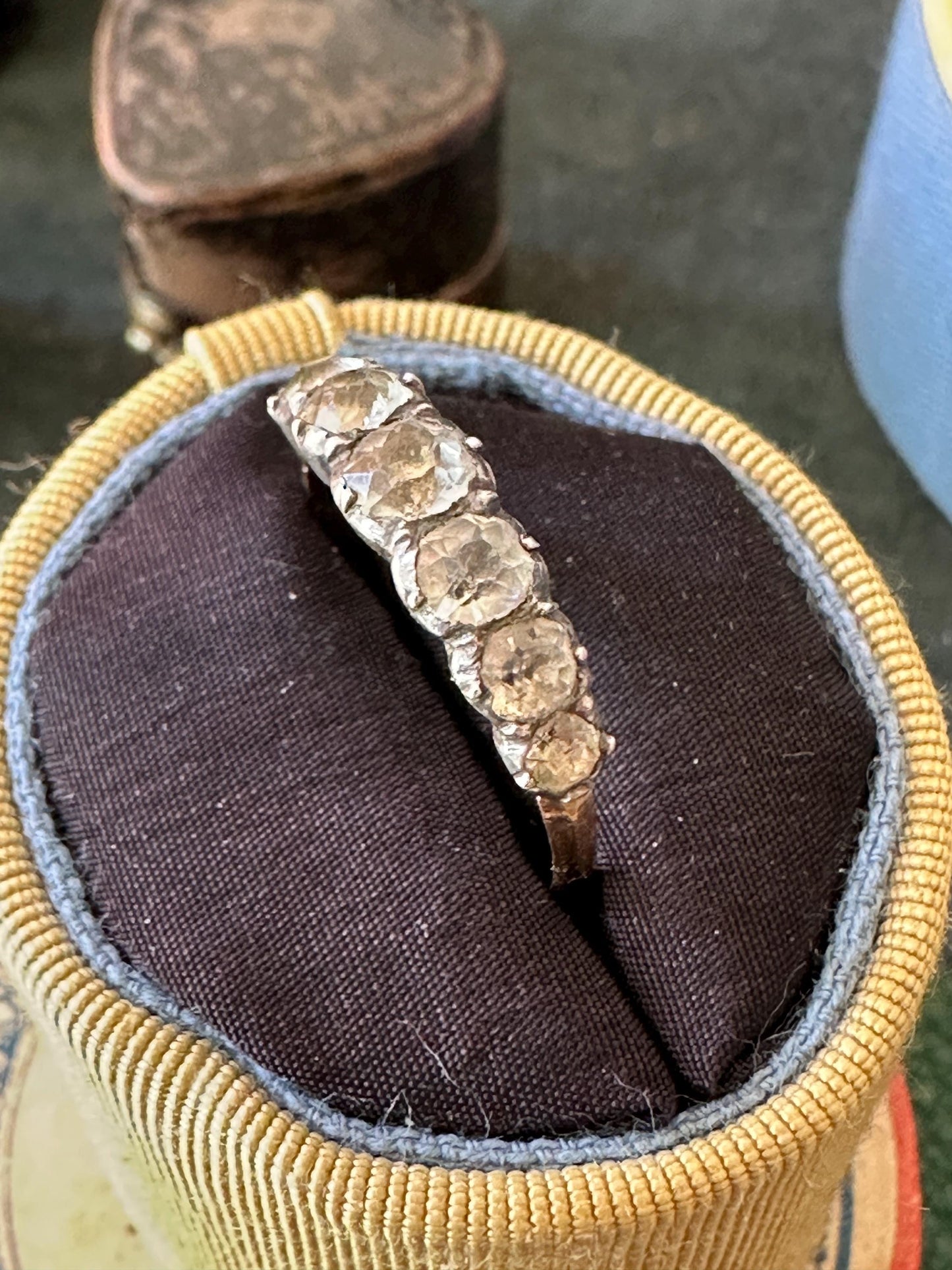 Rare Half Eternity Jarretière Georgian paste ring black dot foiled-back 18k rosy gold band French Diamond pastes size US 8.5 UK Q FR 57/58
