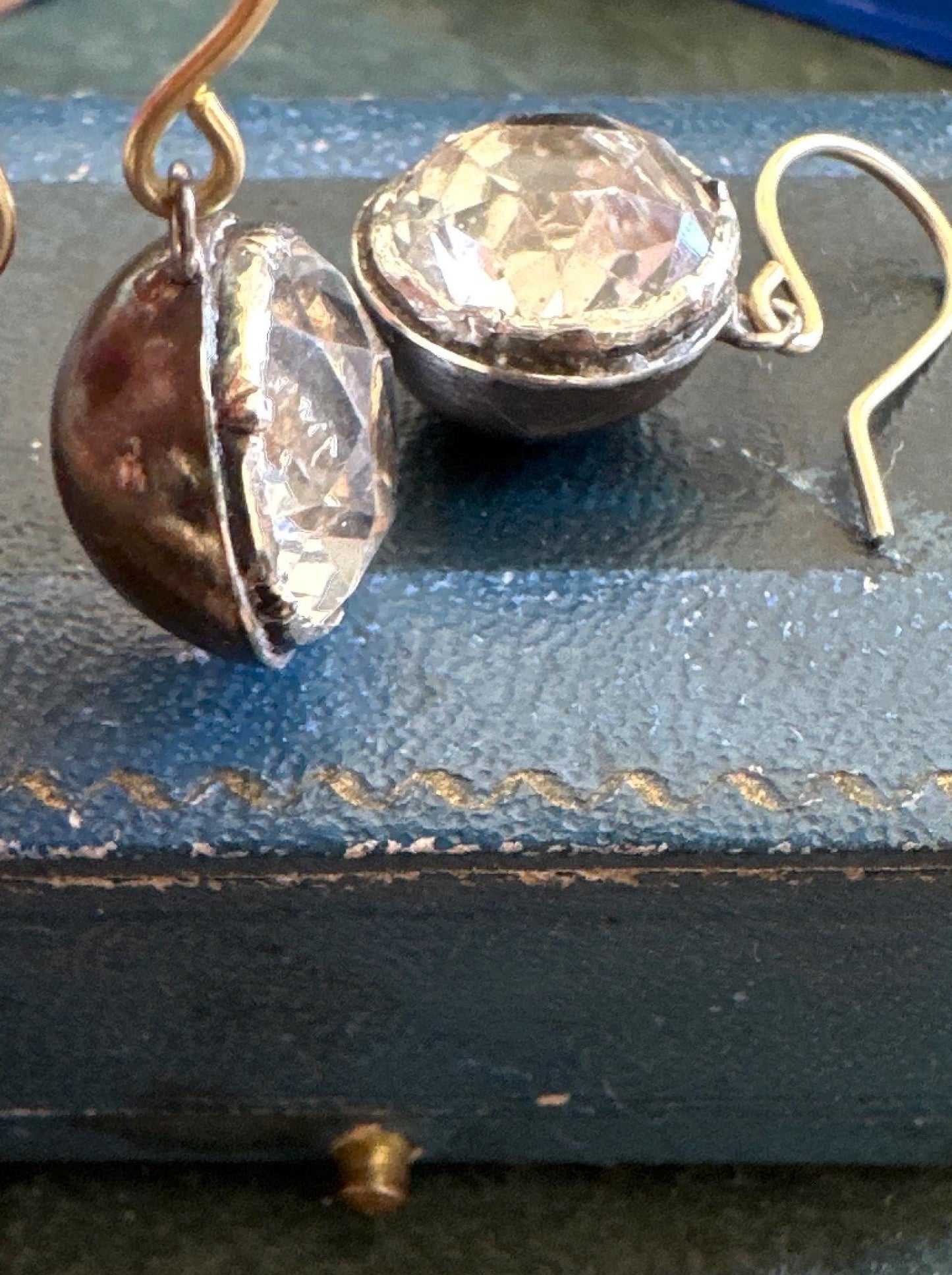 Large Antique Rock Crystal Georgian earrings black dot and foiled closed back crafted in silver and 18k French wire cufflinks buttons rare