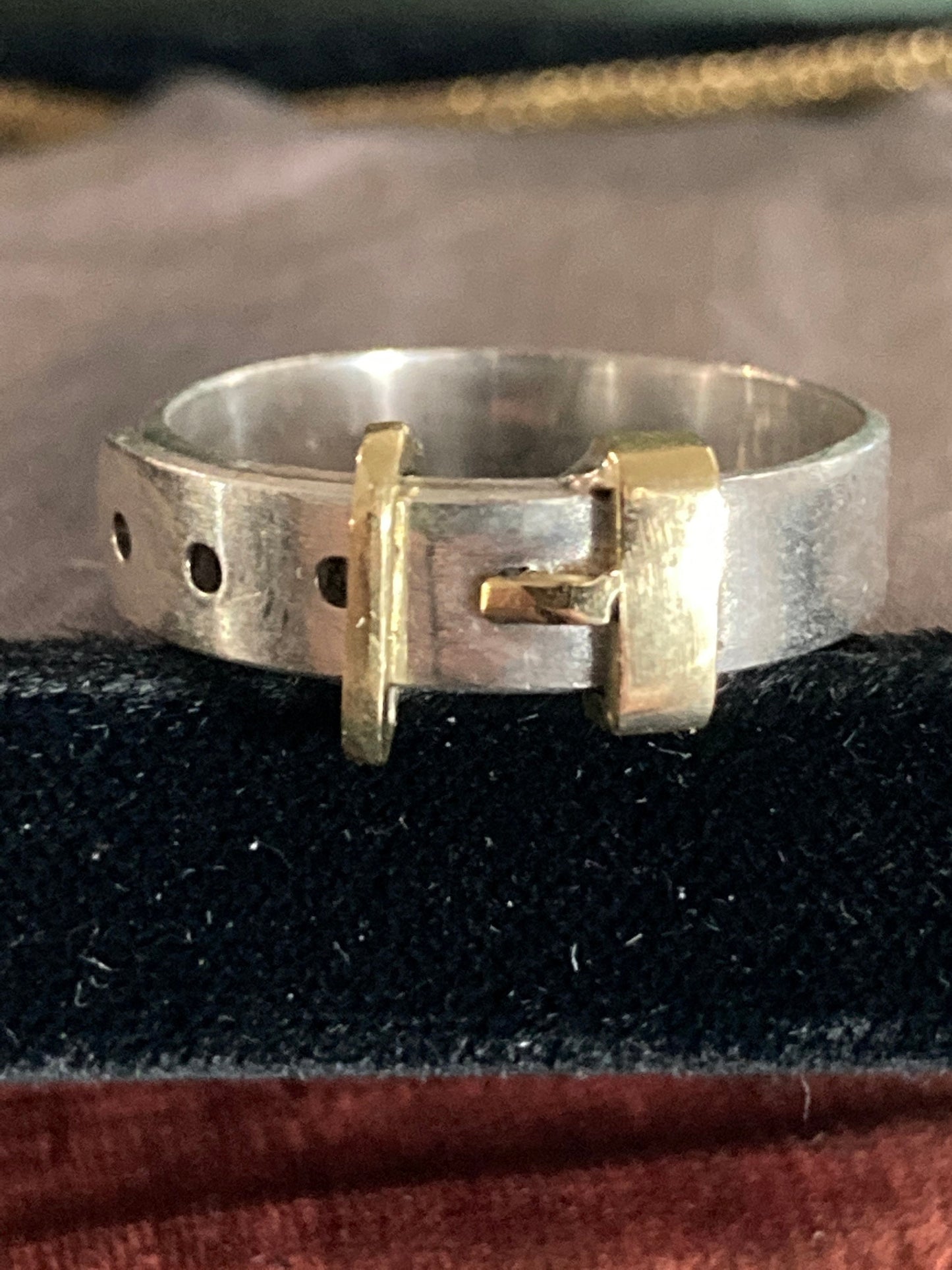 Modernist Buckle ring sterling silver and 18kt yellow gold vintage kinetic hand fabricated