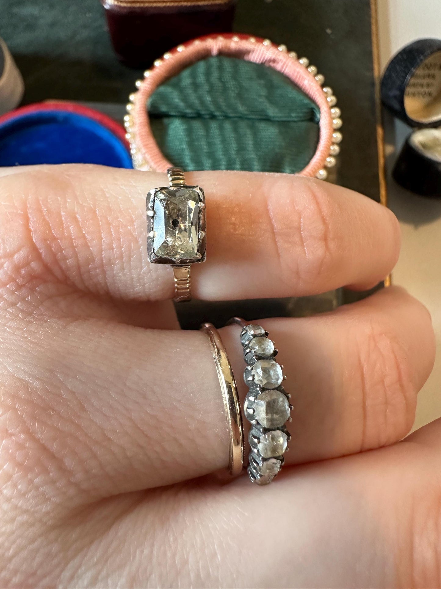 Antique Georgian Diamond Paste ring black dot foiled-back crafted in silver and 14/15k gold band  US5 3/4 UK L size 51 elongated cushion