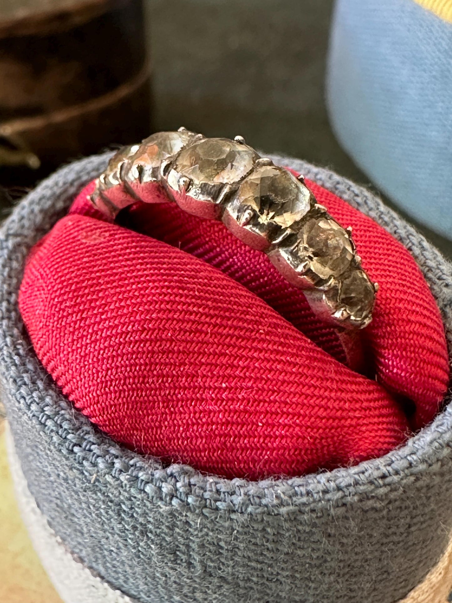 Rare Half Eternity Jarretière Georgian paste ring black dot foiled-back 18k rosy gold band French Diamond pastes size US 8.5 UK Q FR 57/58