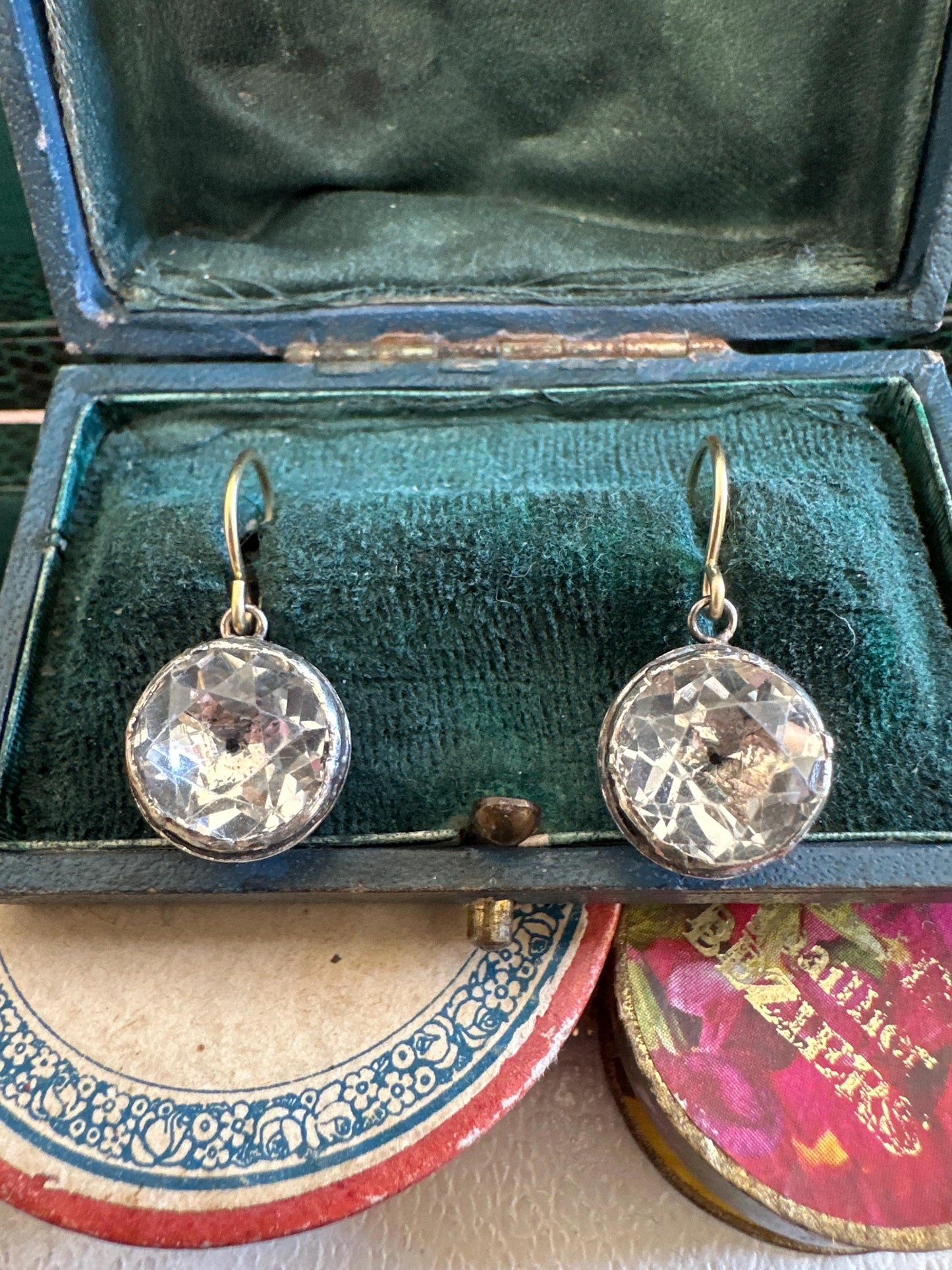 Large Antique Rock Crystal Georgian earrings black dot and foiled closed back crafted in silver and 18k French wire cufflinks buttons rare