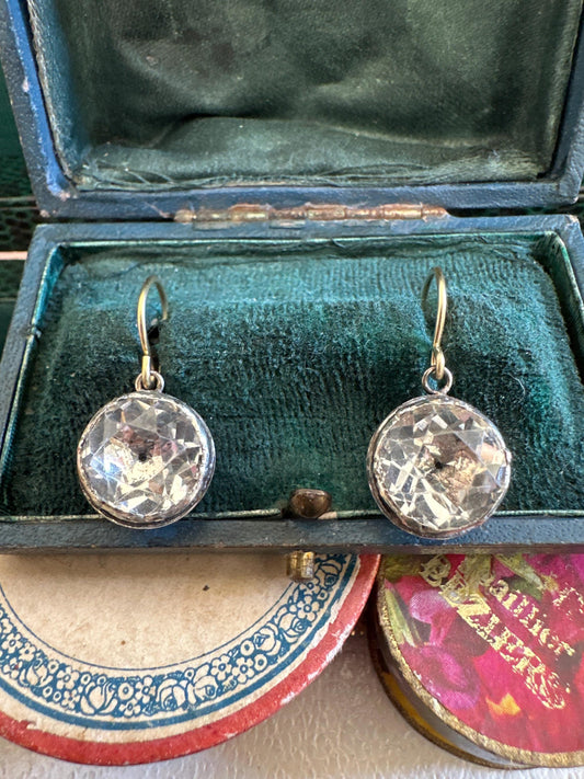 Large Antique Rock Crystal Georgian earrings black dot and foiled closed back crafted in silver and 18k French wire cufflinks buttons rare