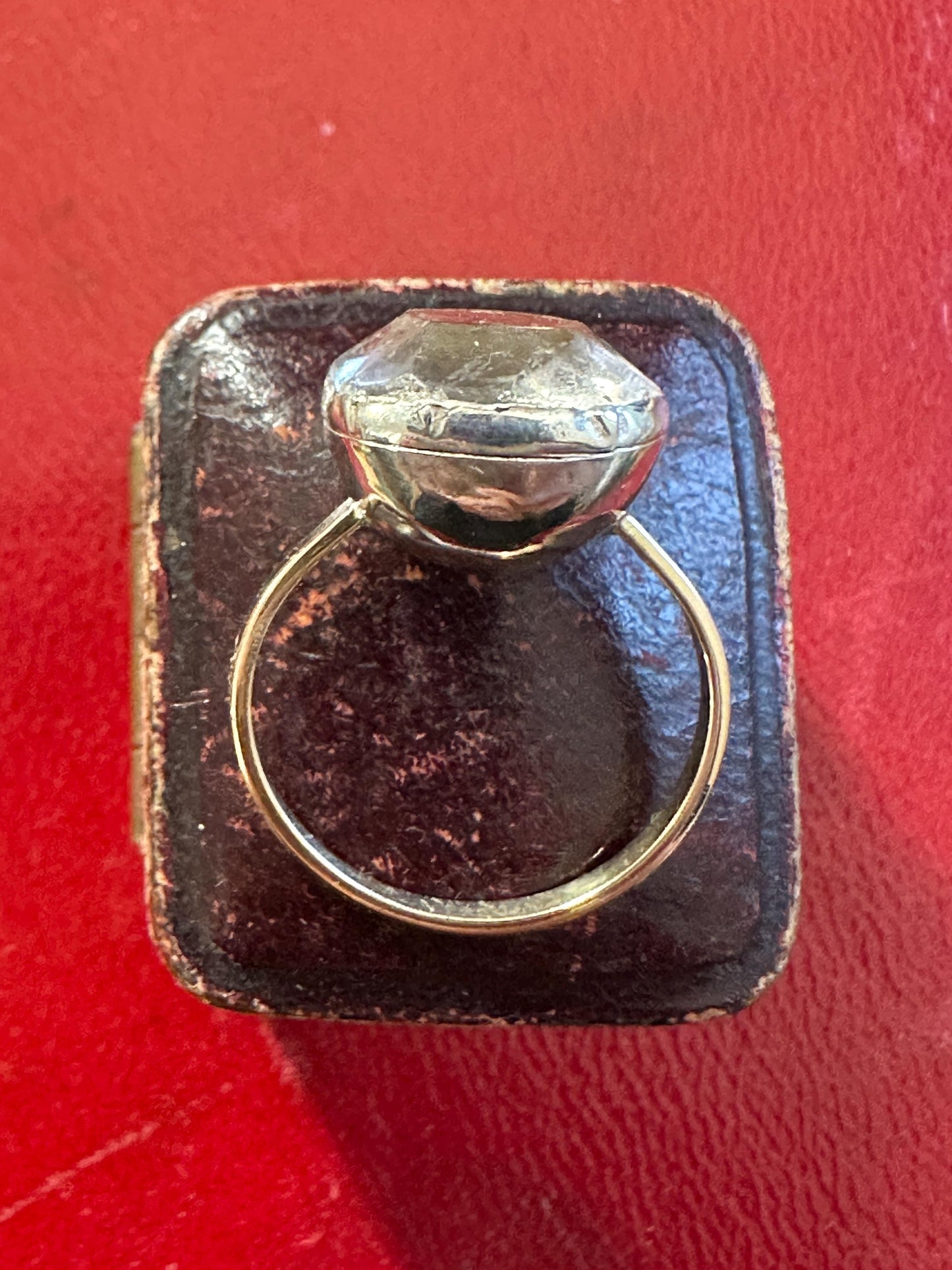 Large Antique cushion Georgian foiled Paste ring black dot crimped cut down closed back silver 15k rosy gold band solitaire button rare