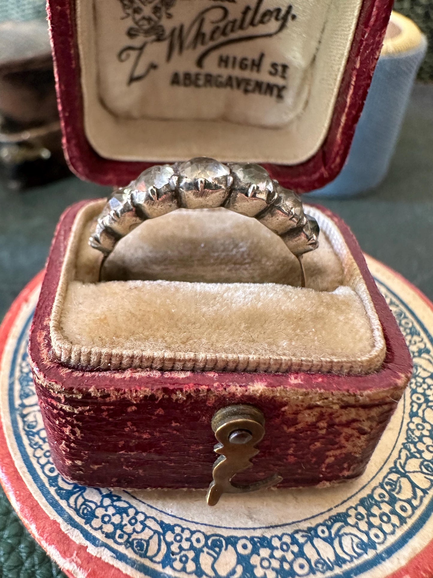 Rare Half Eternity Jarretière Georgian paste ring black dot foiled-back 18k rosy gold band French Diamond pastes size US 8.5 UK Q FR 57/58