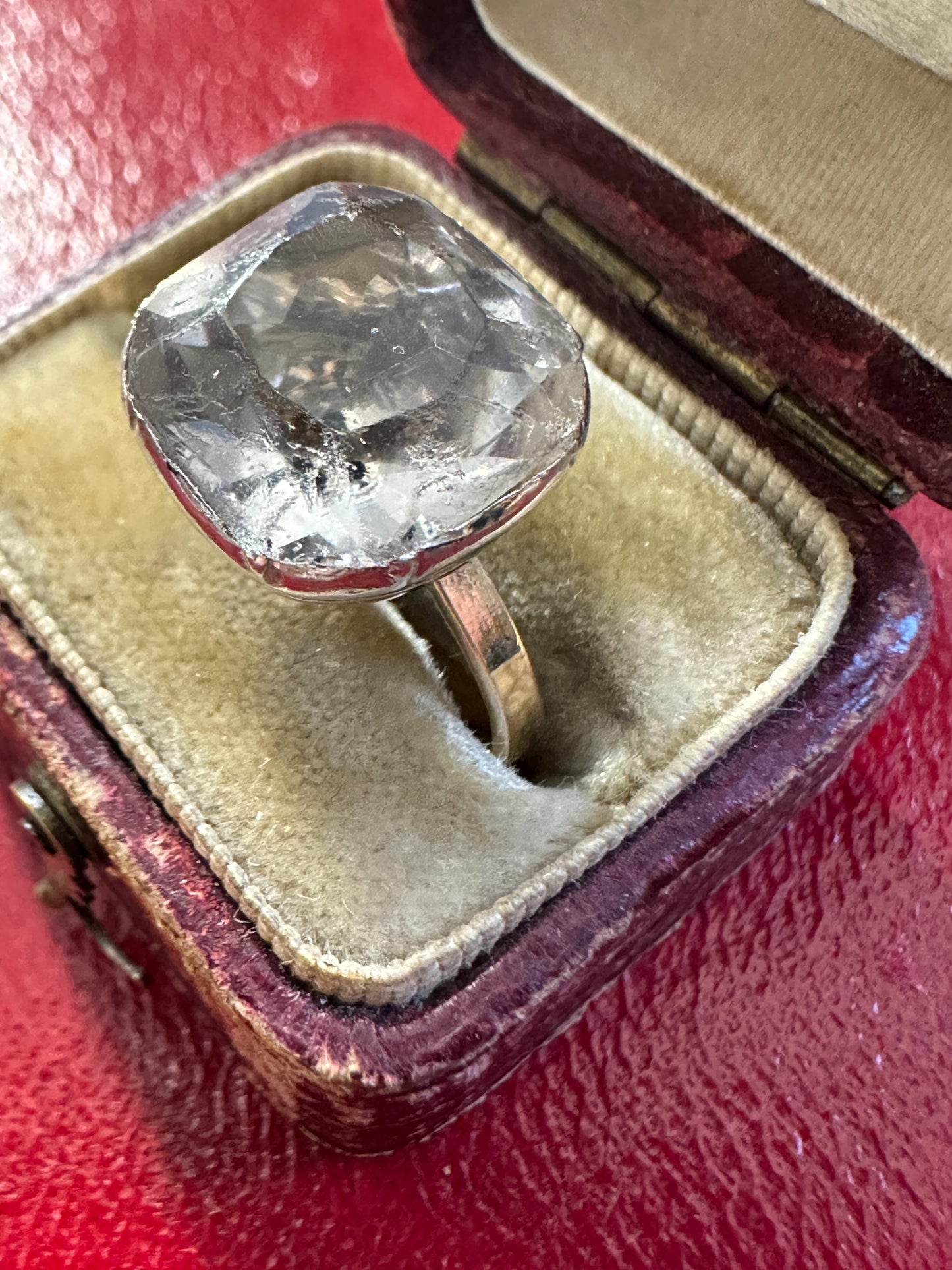 Large Antique cushion Georgian foiled Paste ring black dot crimped cut down closed back silver 15k rosy gold band solitaire button rare