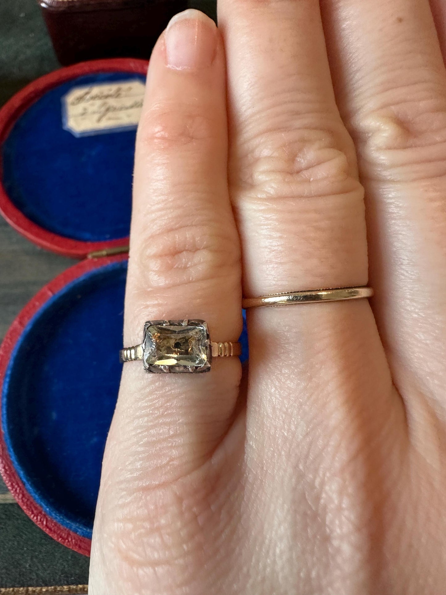 Antique Georgian Diamond Paste ring black dot foiled-back crafted in silver and 14/15k gold band  US5 3/4 UK L size 51 elongated cushion