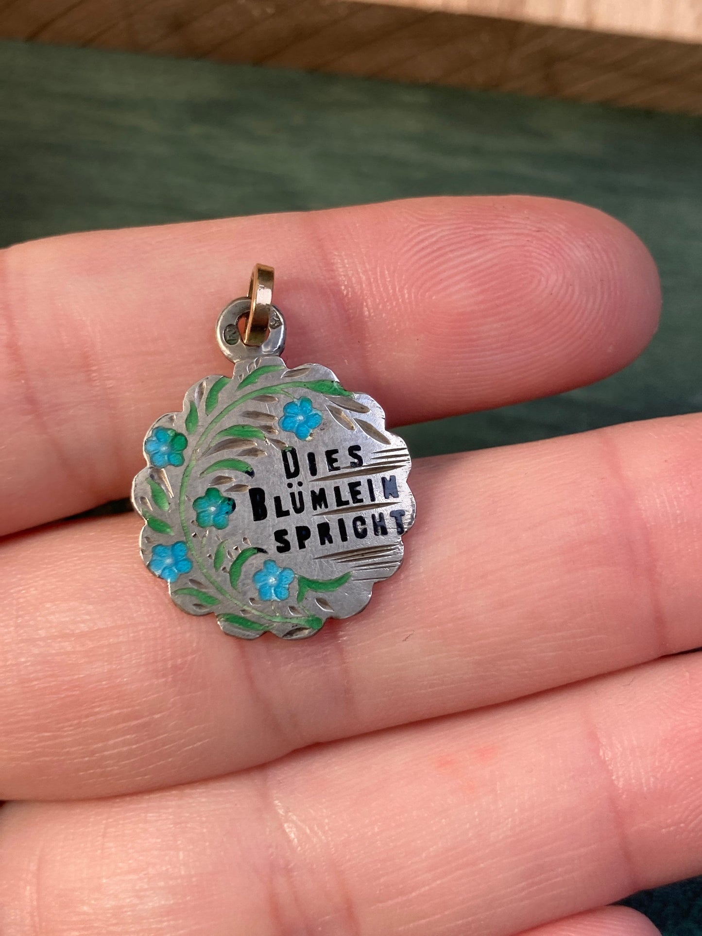 Antique enamel Memento Souvenir pendant forget me not German Austrian silver 22kt gold these flowers speak