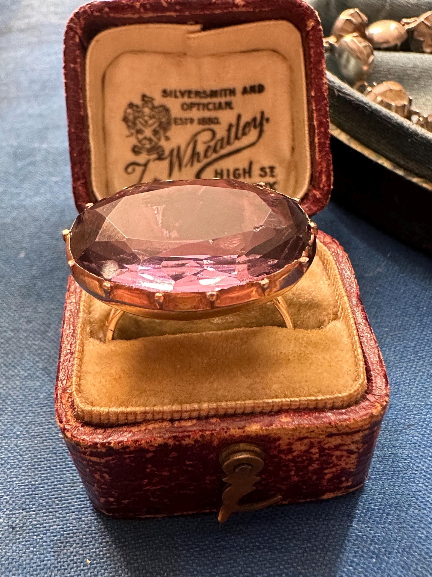 Large Amethyst Paste Ring Antique Georgian foiled back brass crimped setting 12k solid rosy gold band bague glass purple US 6.5 M
