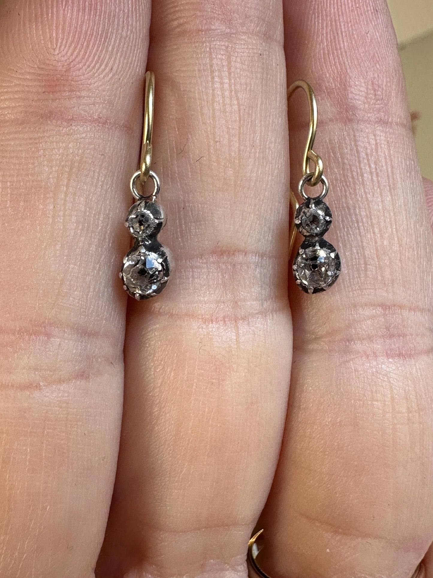 Dainty Georgian foiled Diamond Paste earrings in silver with 18k gold French wires closed back black dot cut glass antique sur paillon