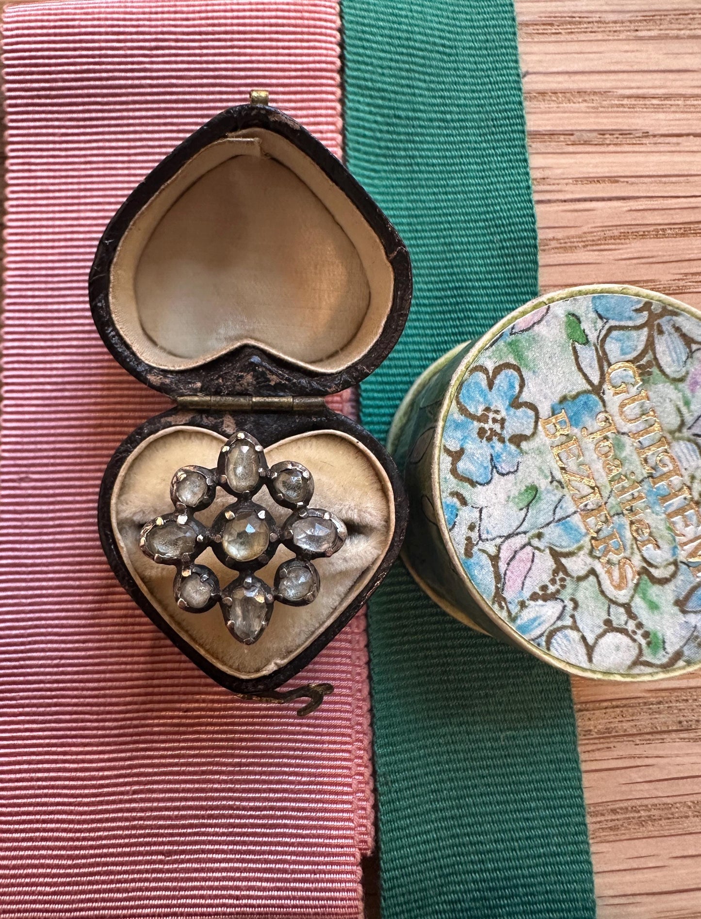Scarce Georgian Antique Ring foiled diamond paste Jargoon crafted in silver and 12k rosy gold late 1700’s rosette white gold band Swedish