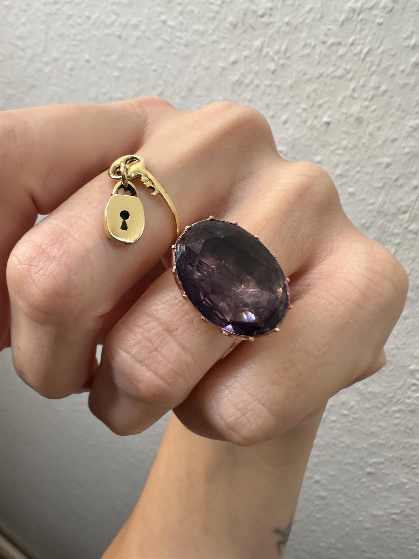Large Amethyst Paste Ring Antique Georgian foiled back brass crimped setting 12k solid rosy gold band bague glass purple US 6.5 M