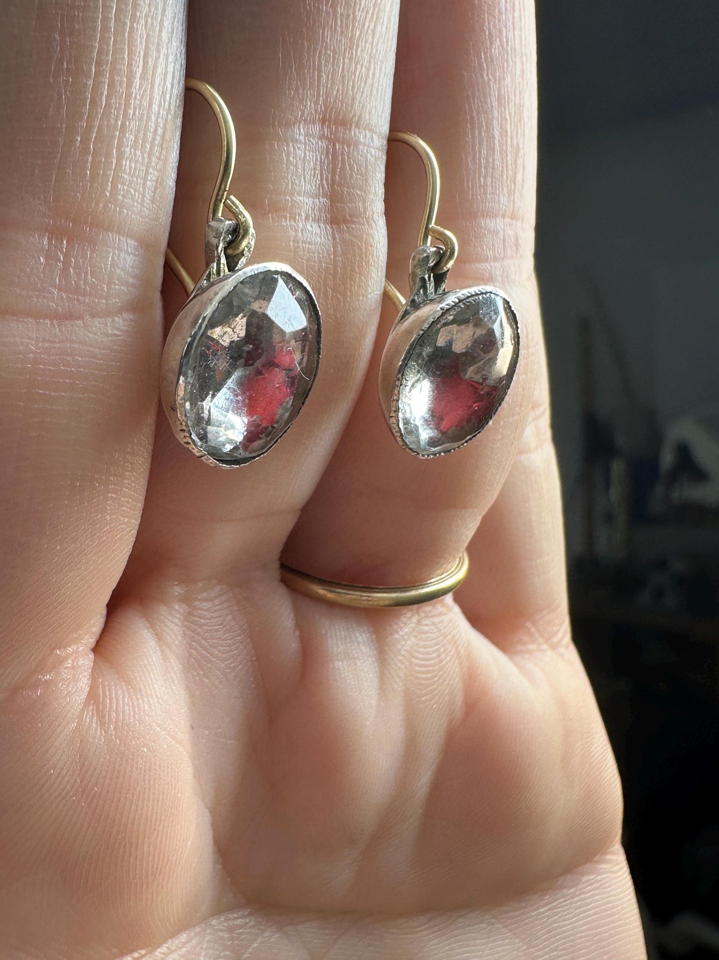 Rare Pink foiled Georgian paste earrings red colour foil close back Antique  18k yellow gold french wire silver dangle cufflinks conversion