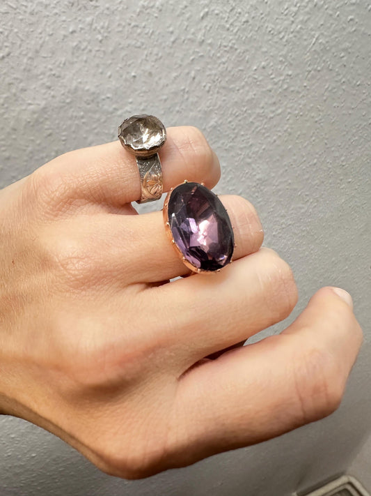 Large Amethyst Paste Ring Antique Georgian foiled back brass crimped setting 12k solid rosy gold band bague glass purple US 6.5 M