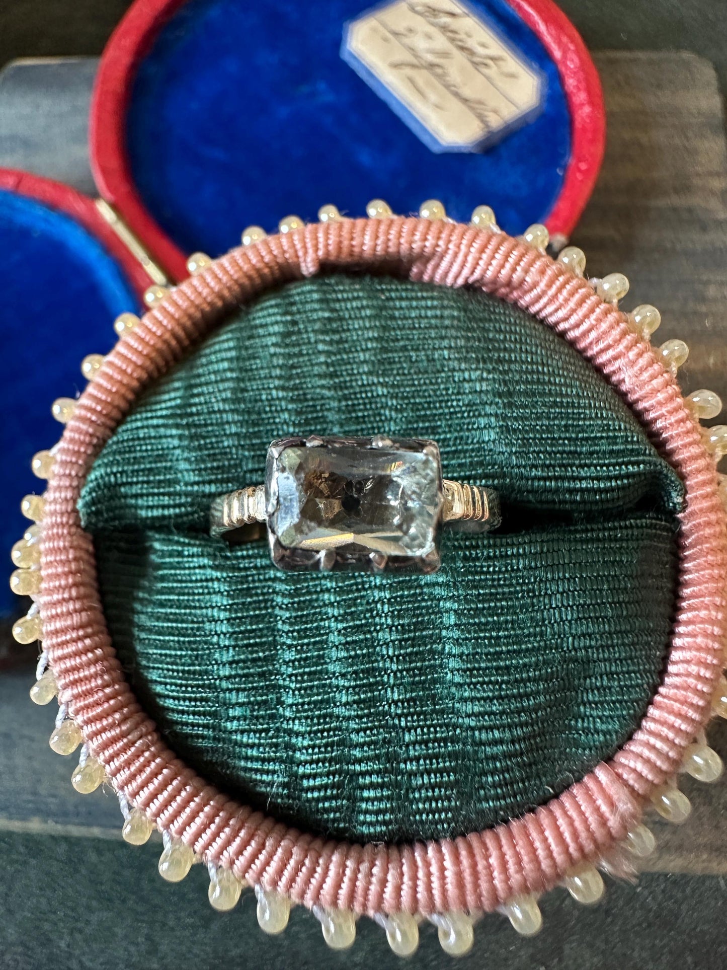 Antique Georgian Diamond Paste ring black dot foiled-back crafted in silver and 14/15k gold band  US5 3/4 UK L size 51 elongated cushion