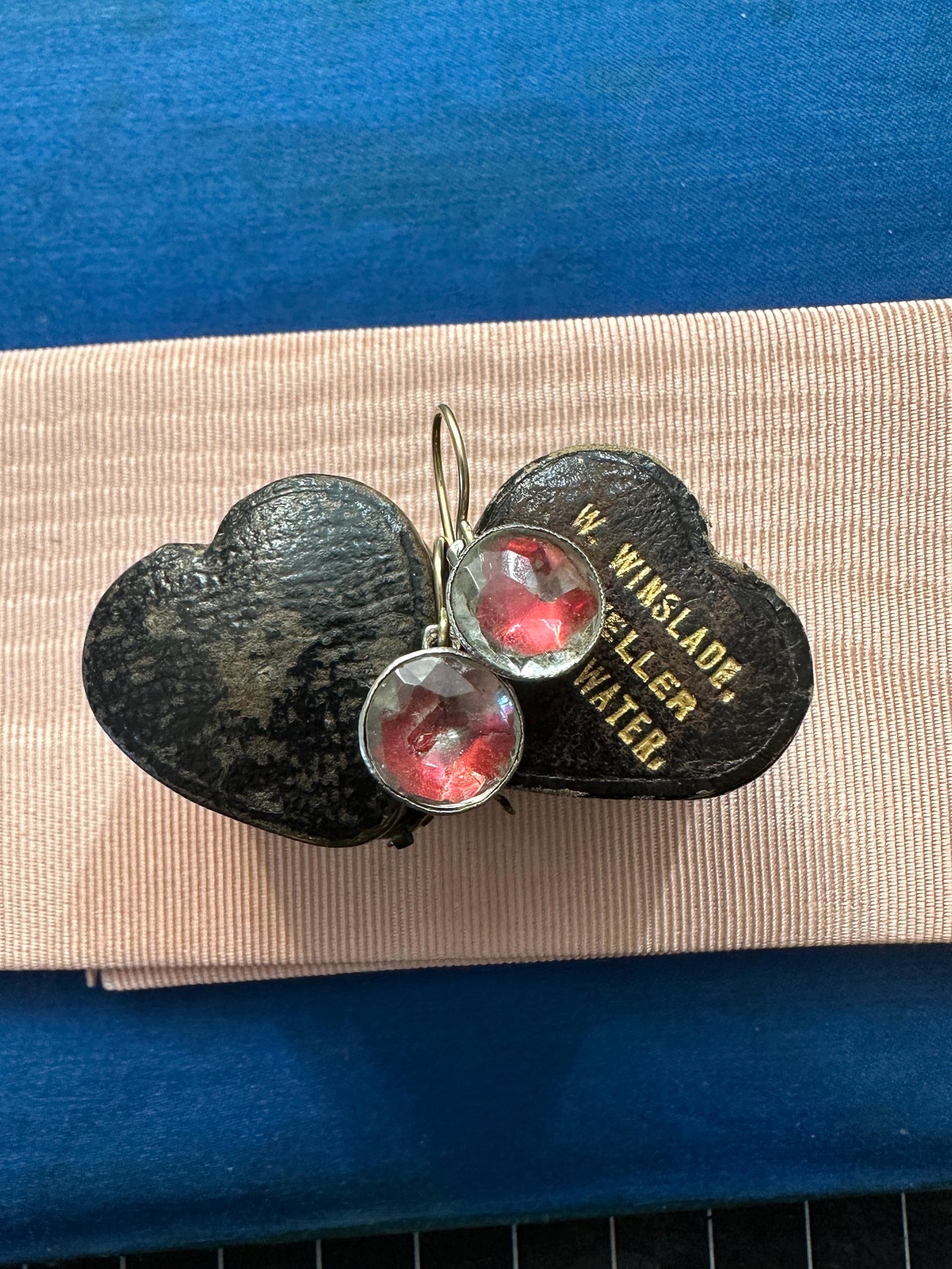 Rare Pink foiled Georgian paste earrings red colour foil close back Antique  18k yellow gold french wire silver dangle cufflinks conversion