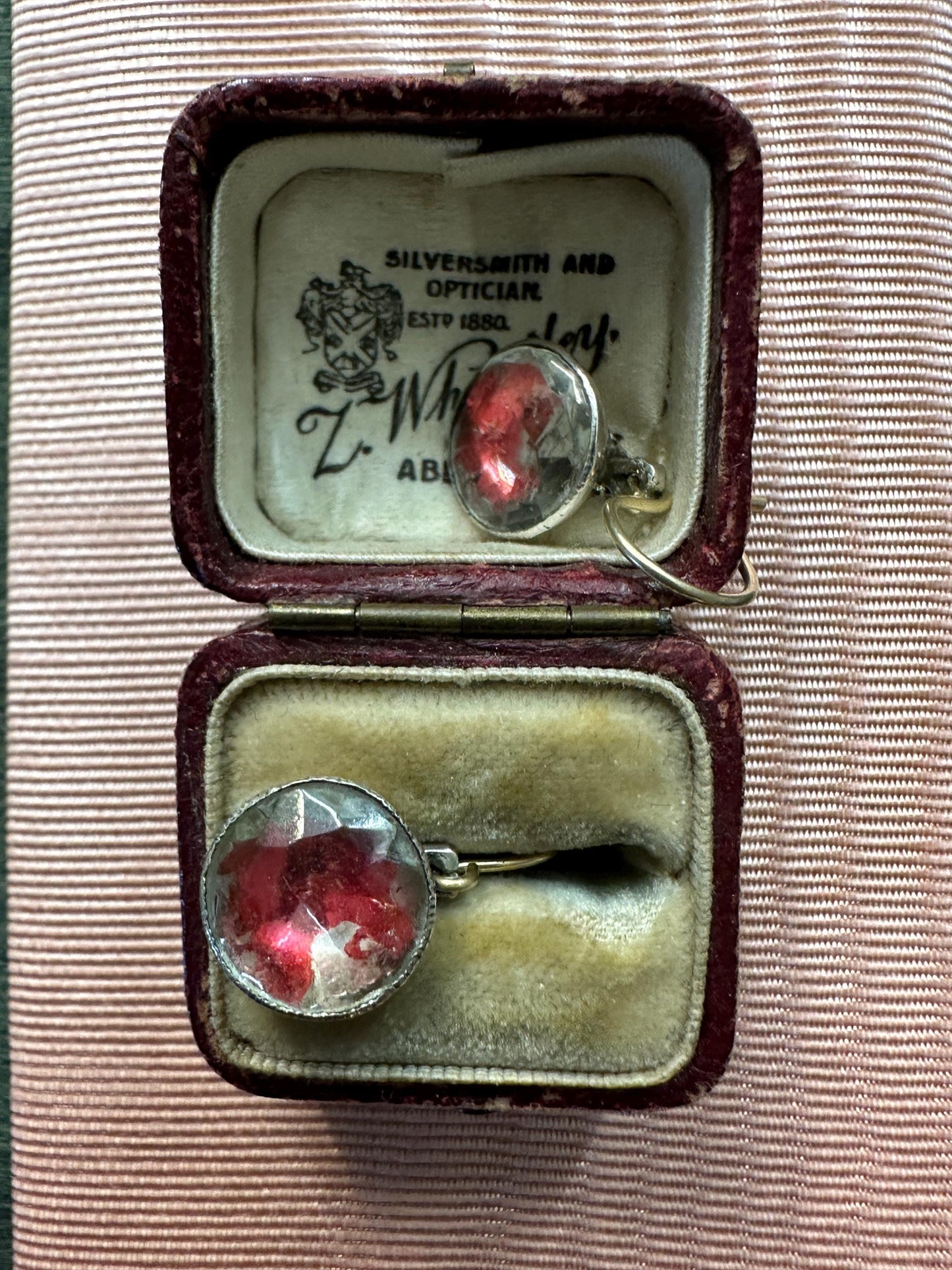 Rare Pink foiled Georgian paste earrings red colour foil close back Antique  18k yellow gold french wire silver dangle cufflinks conversion