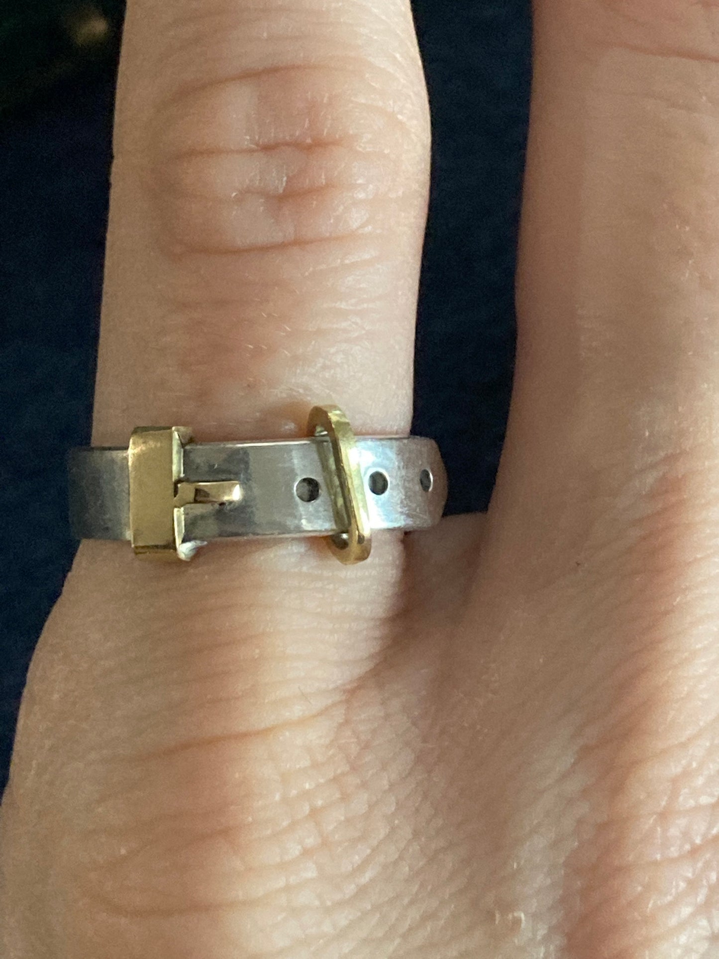 Modernist Buckle ring sterling silver and 18kt yellow gold vintage kinetic hand fabricated