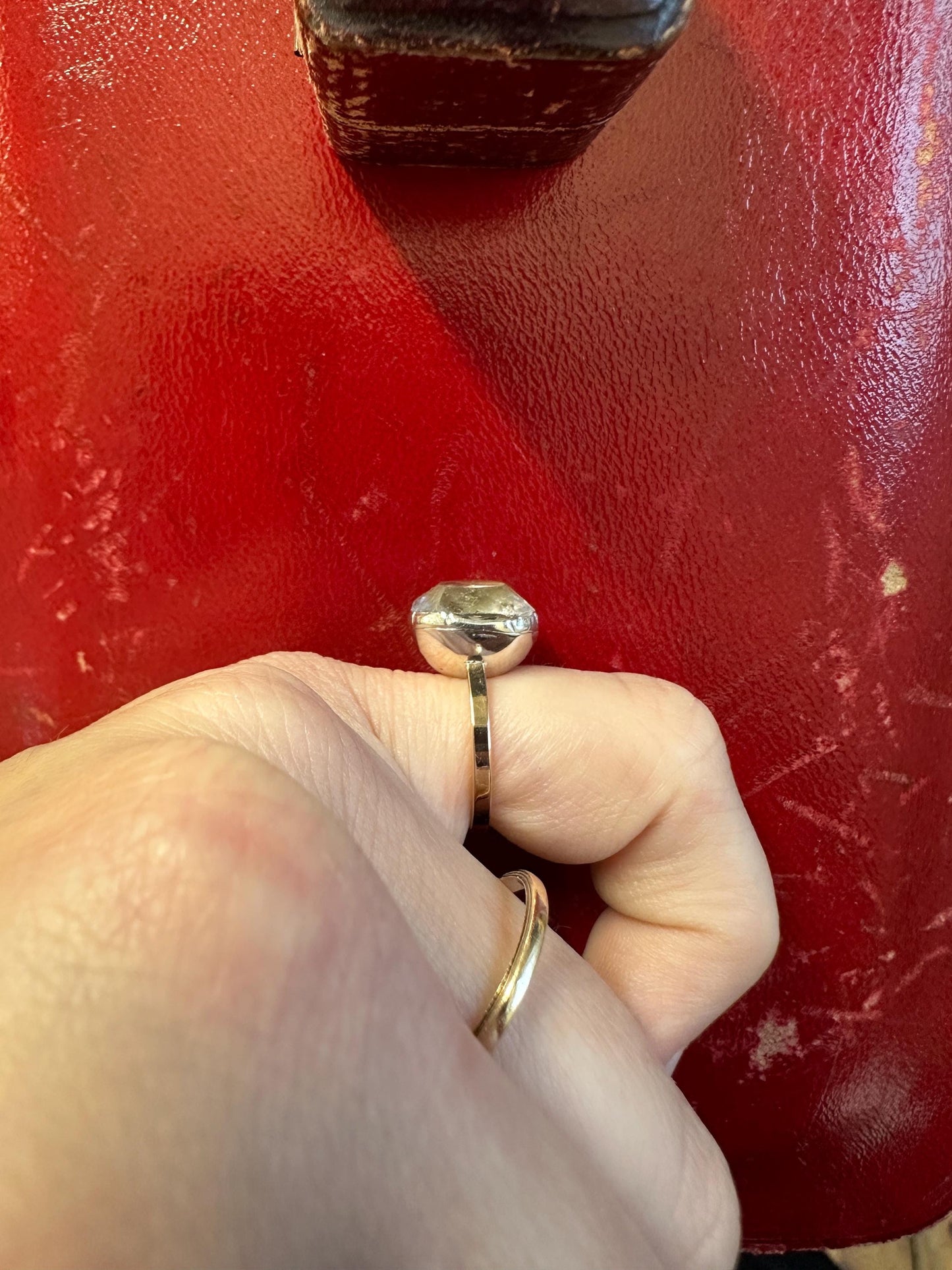 Large Antique cushion Georgian foiled Paste ring black dot crimped cut down closed back silver 15k rosy gold band solitaire button rare